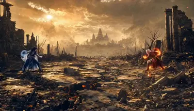 Water vs. Fire Warriors — Cinematic Battle in a Ruined City